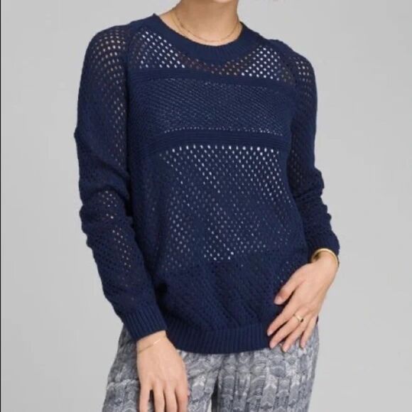 prAna Kokimo Open Knit Mesh Crewneck Sweater Women's XS Navy Blue Beachy Y2K - Picture 1 of 10